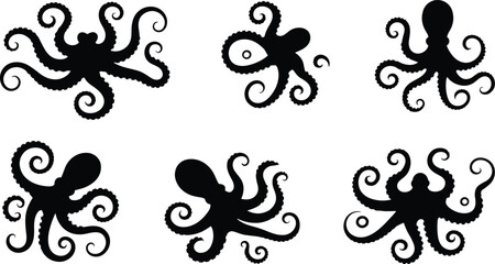 Octopus silhouette set, sea animal icons, marine life design, black octopus shapes, ocean creature illustration collection, minimal vector style © MdAbdul