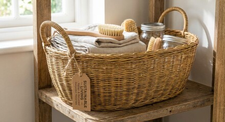 Fototapeta premium Natural woven rattan basket filled with folded linen towels, natural bristle brushes, and glass jars, sits on a rustic wooden shelf by a sunlit window, reflecting a serene, eco-friendly home
