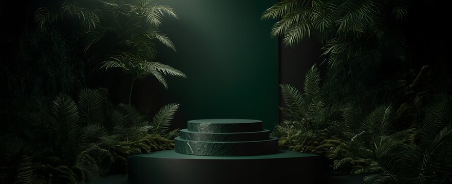Podium Background with Dark Green Jungle Leaves for Product Display