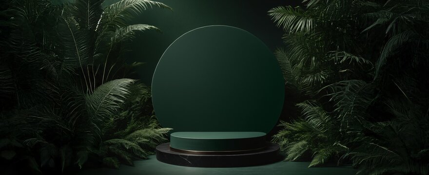 Podium Background with Green Tropical Leaves for Product Display