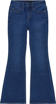 A pair of dark blue denim jeans with a flared cut and distressed details isolated on transparent background