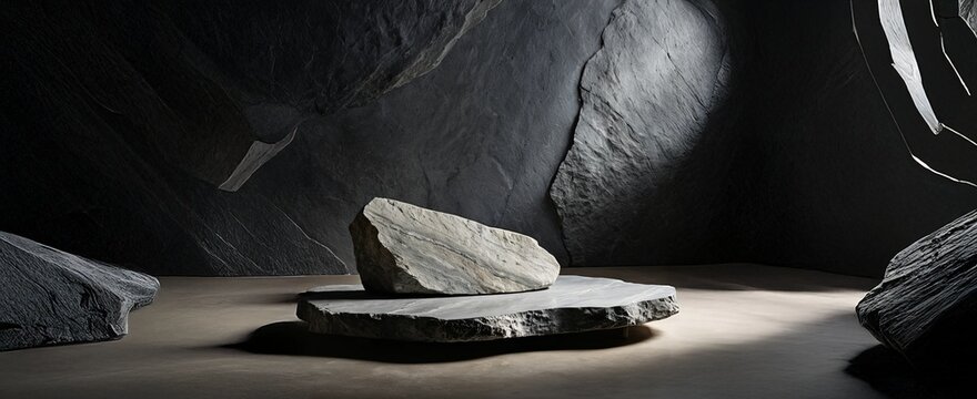 Stone Podium Background for Product Display in Dark Slate Cave