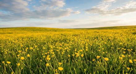 Fototapeta premium Vast vibrant yellow buttercup field extends into the distance under a bright blue sky with soft white clouds, illuminated by warm golden hour sunlight