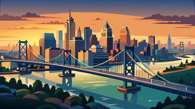 Very beautiful aerial panorama capturing the Ben Franklin Bridge and Philadelphia skyline transitioning from sunset to dusk, with soft twilight hues blending above the Delaware River and illuminated s