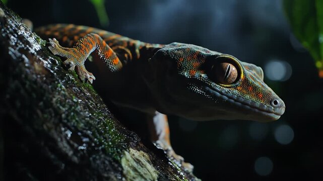 Close-up profile shot of a colorful gecko perched on a mossy tree branch with a dark, blurry background and warm lighting.