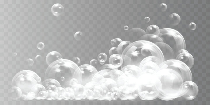 Realistic white soap foam with floating air bubbles isolated on transparent background. Vector illustration
