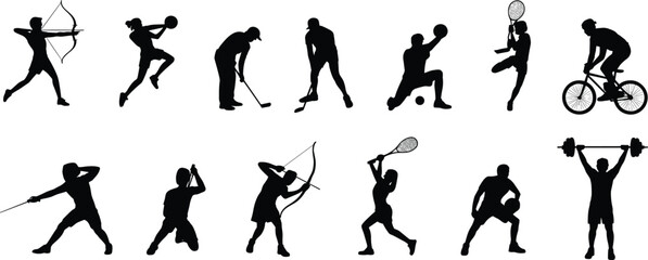 Sports silhouettes set showing athletes playing archery basketball golf hockey tennis cycling weightlifting isolated black action icons
