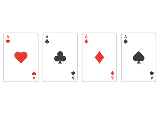 Four Aces Playing Cards Vector Set: Flat Design Icons of Heart, Diamond, Club, and Spade on White Background for Gaming and Magic