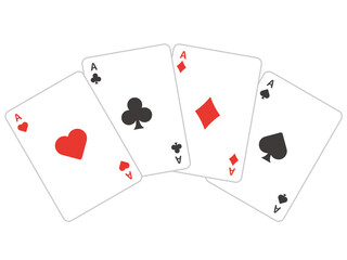 Obraz premium Four Aces Playing Cards Fanned Out on White Background: Vector Flat Illustration of Hearts, Diamonds, Clubs, and Spades for Gaming and Casino