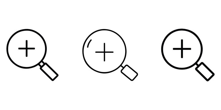 Magnifying glass with plus symbol icons indicating zoom in function for digital interfaces and user experience design concepts