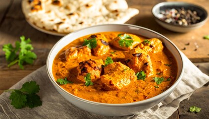 Creamy chicken tikka masala in a bowl, rich tomato-based orange curry, grilled chicken pieces, fresh cilantro garnish, naan bread beside, Indian-British fusion cuisine.