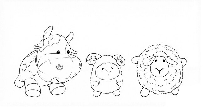 A coloring book for children featuring cartoon images of cows, sheep(lambs) and goats.