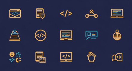 Collection of various digital technology icons representing software development and coding.