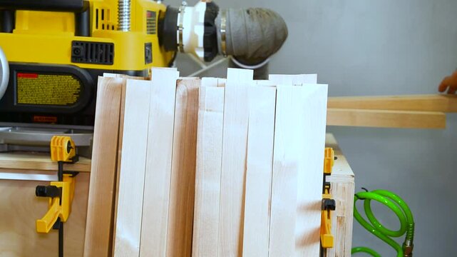 A wood plate passing through the thickness planer machine in a carpentry workshop. Woodworking process, furniture preparation, handmade craftsmanship, carpentry studio.