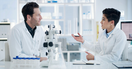 People, scientist and team with discussion, forensic study or medical research in laboratory. Man,...