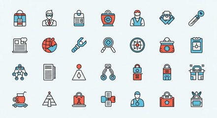 Collection of various colorful icons representing different professions and tools for work.