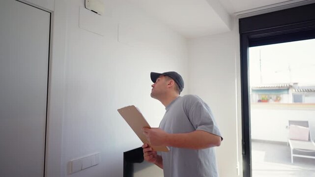 Home service professional reviews notes on clipboard while examining wall mounted unit. Bright modern apartment setting highlights technical inspection and preventive maintenance work.