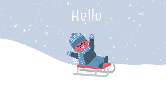 Hello Winter Animation. Happy Little Boy in Winter Clothes Sledding. Child Have Fun Outside under Snowing. Happy Baby Boy. Animated Text Hello Winter. Video in Blue, White