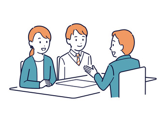 三者面談をする教師と親子のイラスト