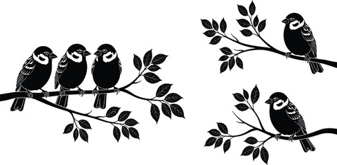 Black bird silhouettes sitting on leafy tree branches, sparrow or chickadee icons in various poses, isolated on a white background. © MdFiroz
