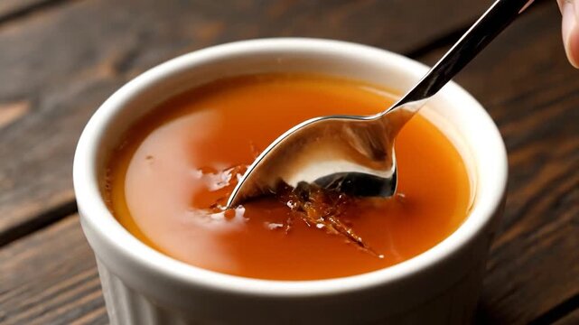 Close-up of a spoon scooping creamy caramel dessert in a white ramekin.
