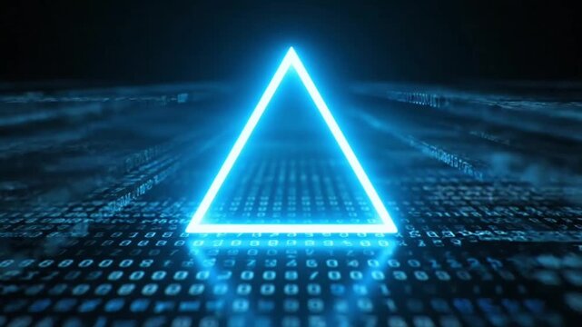 Neon glowing triangle outline stands centered in a futuristic space, creating a sci-fi geometric portal effect that suggests advanced technology and digital dimension travel.