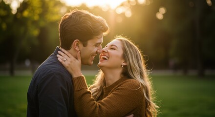 Fototapeta premium Couple sharing a playful kiss on a sunny day