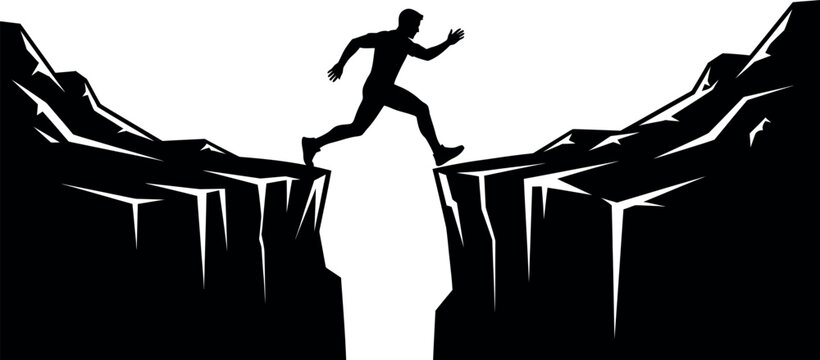 Silhouette of a person jumping over a cliff edge in a dramatic landscape