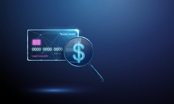 3d bank card under magnifying glass with dollar symbol. Financial analysis, spending review, transaction monitoring,  investment tracking, payment evaluation concept