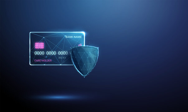 3d neon bank card with shield. Financial security, fraud protection, secure payments, transaction encryption, online payment protection, fintech cybersecurity concept
