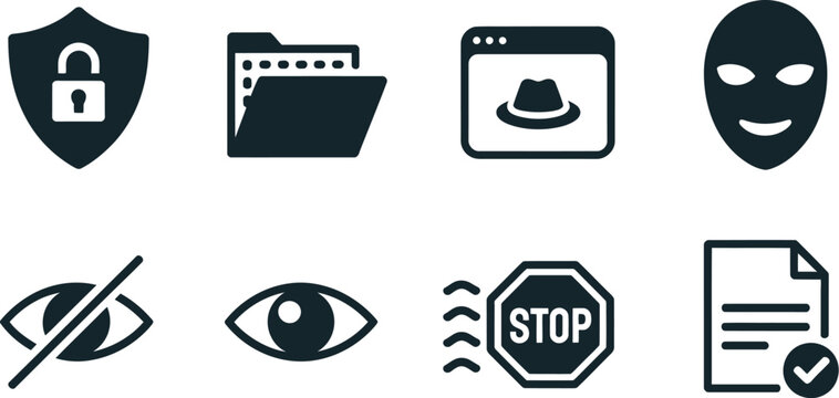 Cyber security icons set featuring locked shield hidden folder incognito mode mask eye visibility stop sign and verified secure document