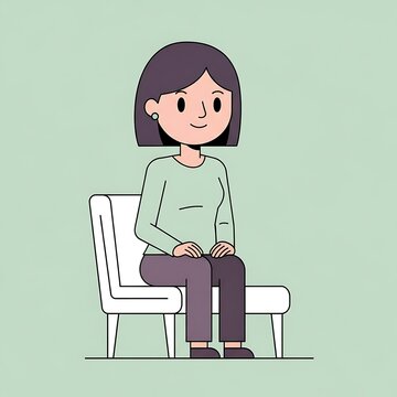 Cartoon woman sitting on chair smiling.