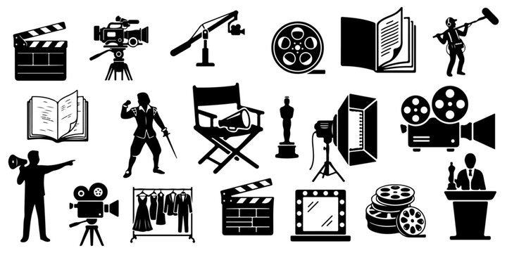 Large set of cinema and movie production black silhouettes of filmmaking equipment, director, actor, and awards isolated