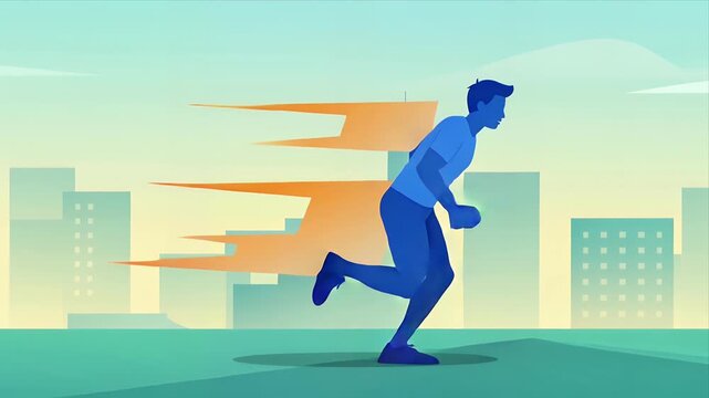Animated Man Running Through Cityscape with Motion Blur Effect Conveying Speed and Urgency for Business or Fitness Presentations
