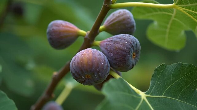 Close up of ripe figs growing on a tree branch with green leaves