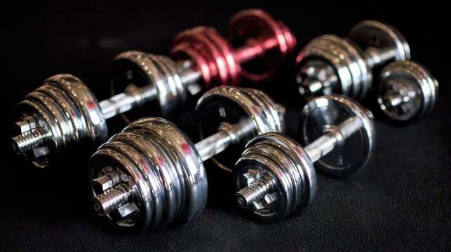 Collection of Shiny Chrome-Plated Dumbbells for Strength Training and Fitness Workouts