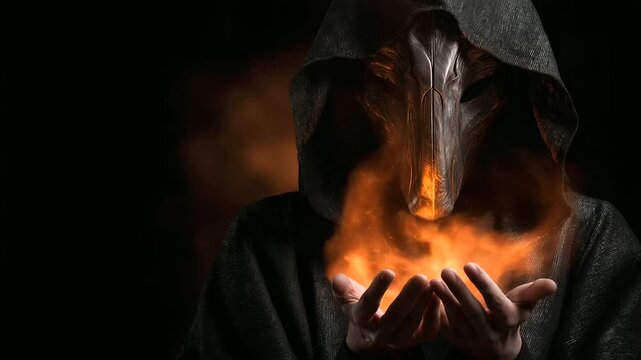 Creative collage faceless powerful dangerous evil witch doing fire spell, defocused dark background, flame magic casting, sorcery powers, fantasy villain, supernatural forces,
