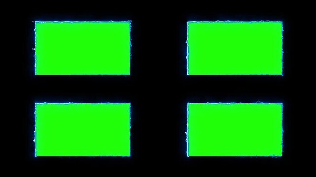 Four blank green screens with electric blue border on a black background loop video