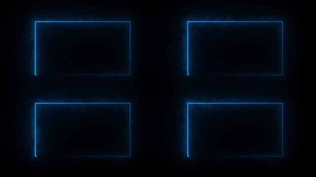 Four glowing blue rectangular frames pulsate with energy on black background for overlay