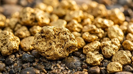 Close-up of raw gold nuggets lying on a bed of gravel and river rocks, symbolizing wealth, mining, and discovery.