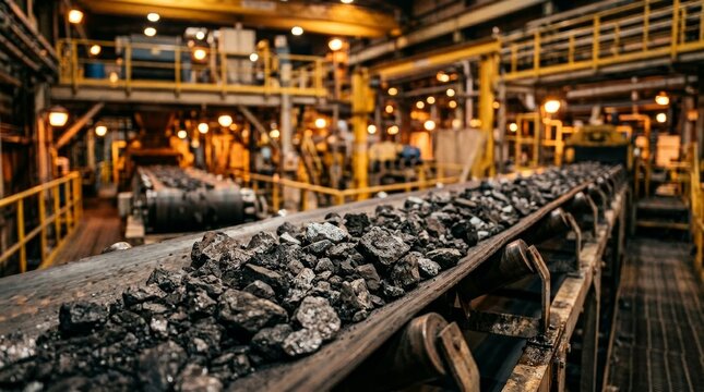 Industrial conveyor belt transporting raw coal or mineral ore in a large processing plant or power station with warm atmospheric lighting and bokeh background.