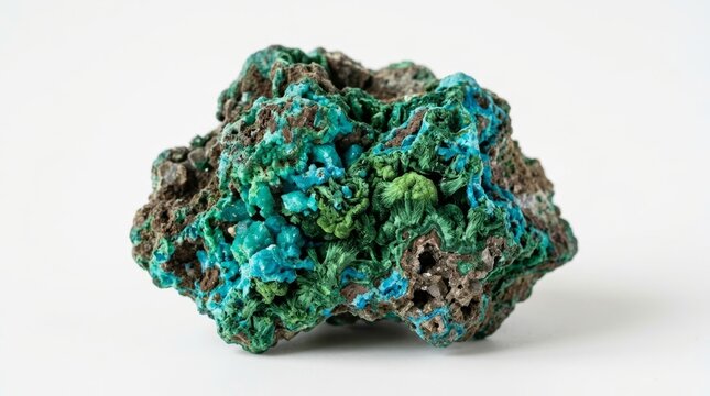 Vibrant malachite and chrysocolla mineral specimen with intricate green and turquoise crystal structures isolated on white background