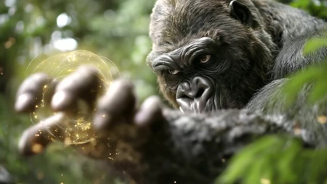 Creative collage faceless aggressive beast giant ape creature using magic in fight, defocused combat background, supernatural monster, fantasy battle, magical powers, with copy