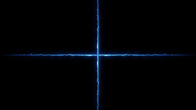 Blue electric crosshair pulsing on black background, futuristic motion graphics