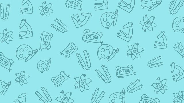 Seamless looping school pattern animation with hand drawn science icons on blue background. Fun educational doodle motion graphic, perfect for kids, learning, STEM, and back to school themes.