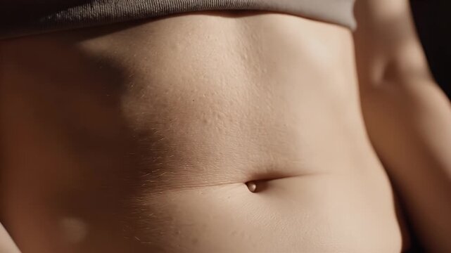 Close Up of a Woman's Midsection Showing a Navel Piercing With Subtle Sunlight and Shadow Play