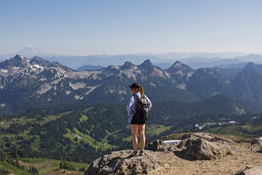 Hiker Overlooking Mountain Vista at Mt. Rainier National park