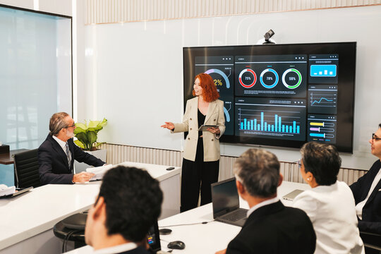 Executives in a boardroom watch a presenter explain performance dashboards on a large screen, discussing metrics and strategy during a corporate meeting.
