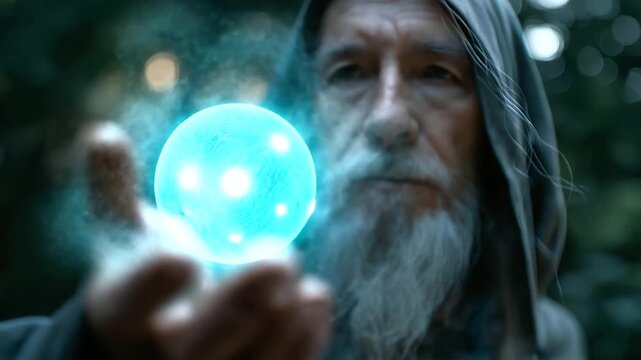 Digital creative collage faceless old wise wizard doing spell, defocused mystical background, ancient sorcerer, supernatural casting, fantasy magic, arcane powers, with copy space