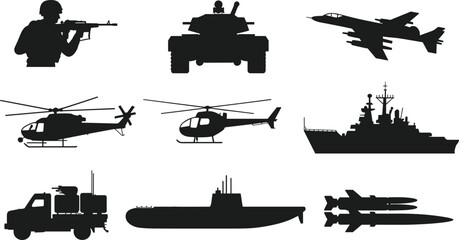 Military silhouette icons set featuring soldier tank fighter jet helicopter warship submarine missile modern defense technology collection vector illustration isolated © meftahul creatives